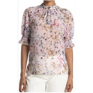 Ted Baker Top Clovve Jasmine High Neck Blouson Pink Sheer Chiffon Floral Women 2